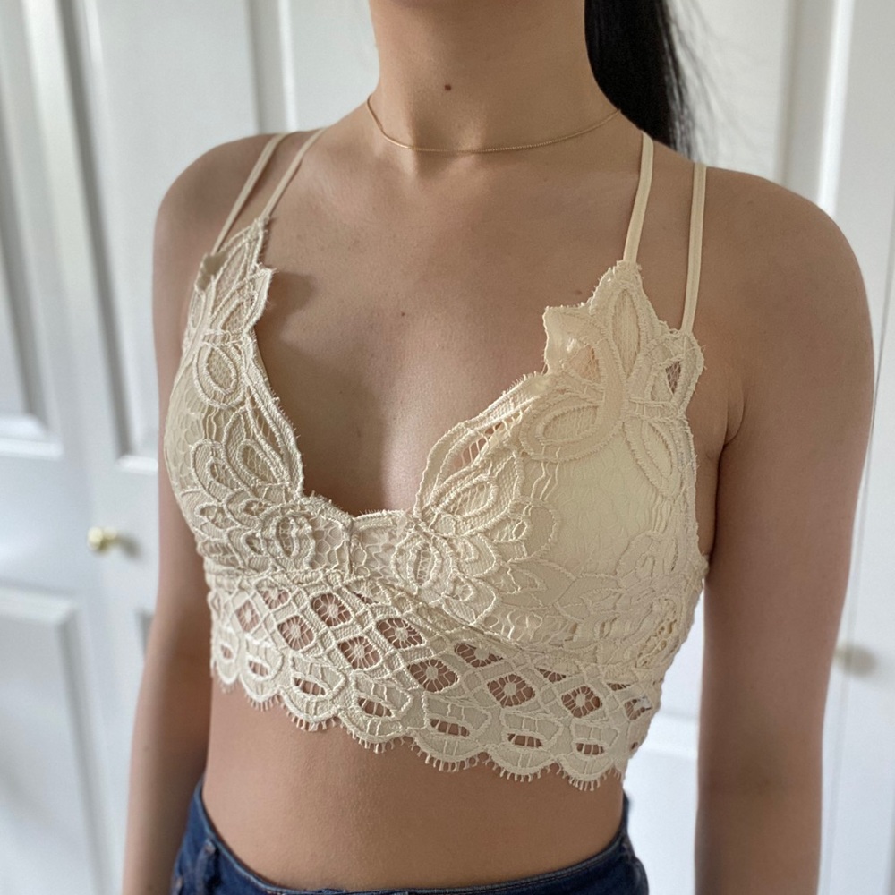 LACEY - Cream V Neck Criss Cross Back Soft Lace Bralette